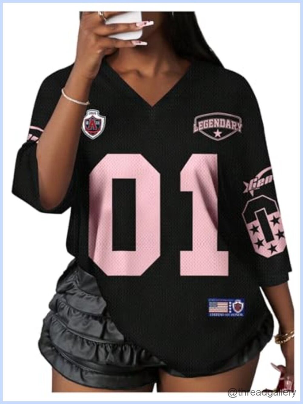 Women's Oversized Jersey Graphic Tee V Neck Half Sleeve Loose Fit T-Shirt Casual